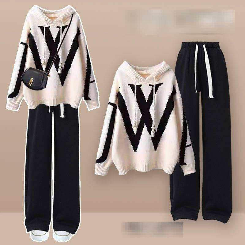 Women's Autumn Winter Loose Knit Sweater & Wide Leg Pants Set - Cozy Oversized Pullover With Flowy Trousers, Beige & Black_voghion.com