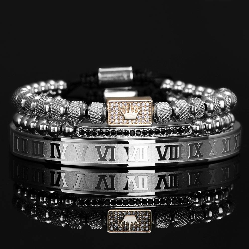 Pulsera de acero inoxidable con corona y números romanos para hombre: elegante diseño micropavé para accesorios de moda (oro, acero, negro)_voghion.com