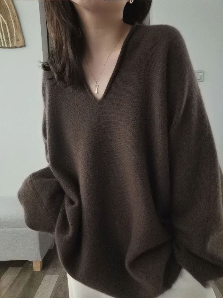 Maglione in maglia color caffè, stile europeo, scollo a V, primavera 2023, morbido, unico, super bello_voghion.com