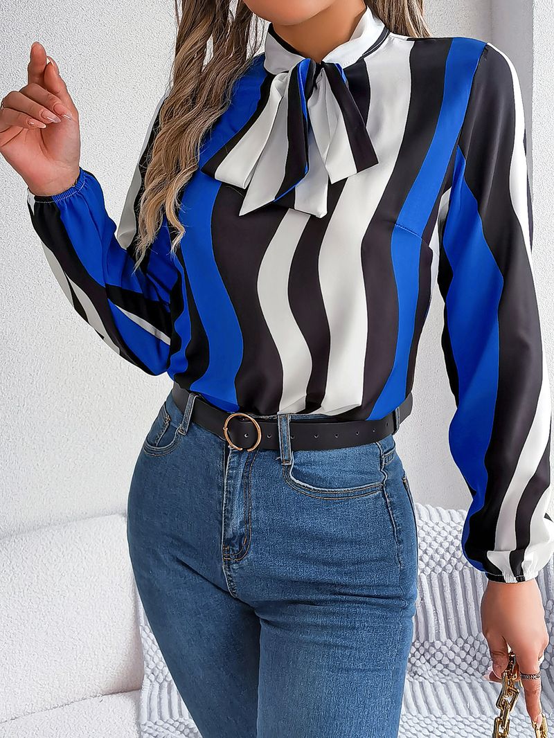 Camicetta in chiffon con maniche a lanterna e a righe, elegante, stile primavera estate, abbigliamento da donna_voghion.com