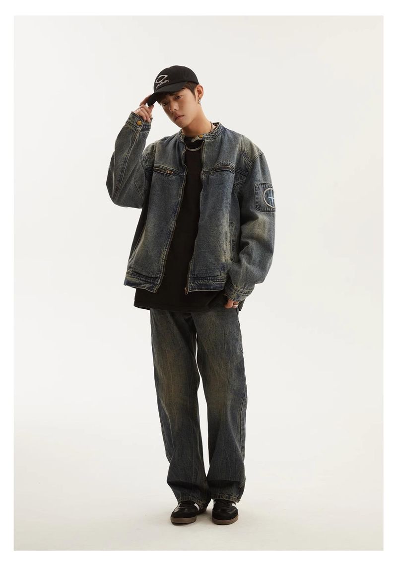 Herrenbekleidung Retro Washed Distressed Jeansjacke Coole lockere lässige Reißverschlussjacke Tops_voghion.com