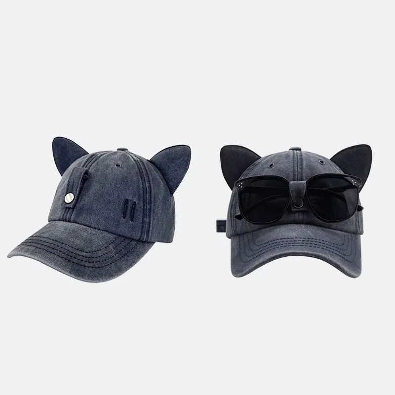 Nuovo simpatico cappello da pilota con orecchie di gatto con occhiali Berretto da baseball lavato con acqua Visiera parasole esterna regolabile Cappelli da sole Regalo unisex_voghion.com