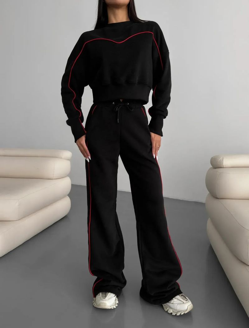 "Women's Long Sleeve T-Shirt & Drawstring Pants Set – Casual Streetwear Two-Piece (Black/White/Rose) – Soft Polyester For All-Day Comfort"_voghion.com