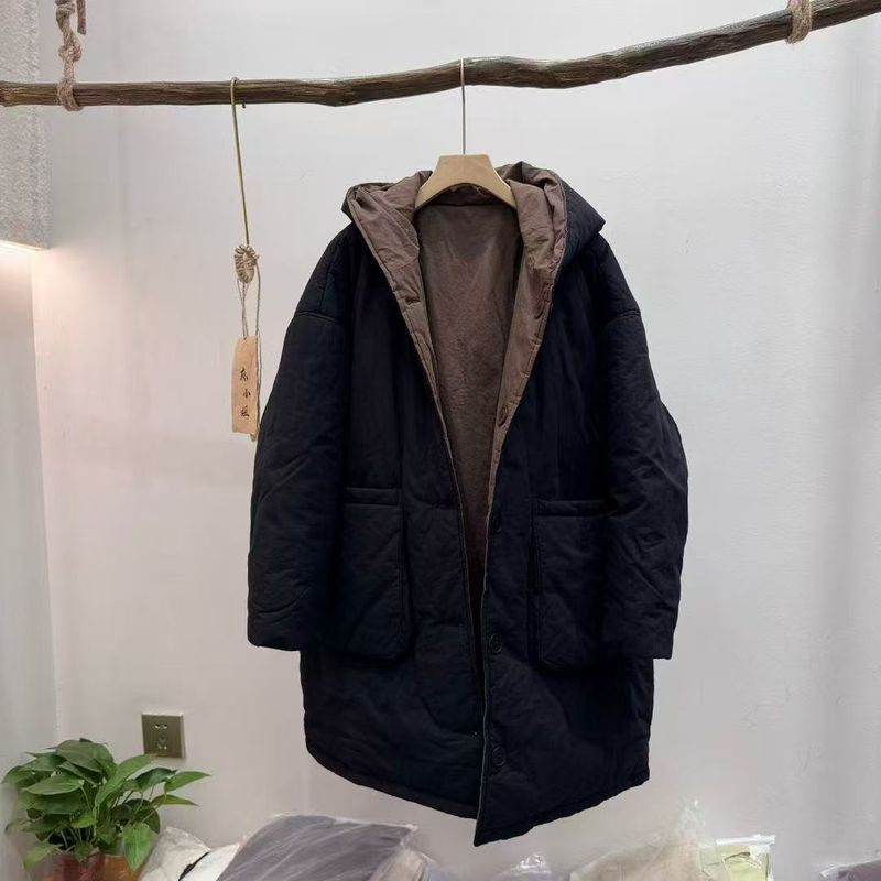 Giacca con cappuccio reversibile lavata in sabbia, versatile, calda, in cotone, per donna, versione coreana invernale 2025, taglie forti_voghion.com