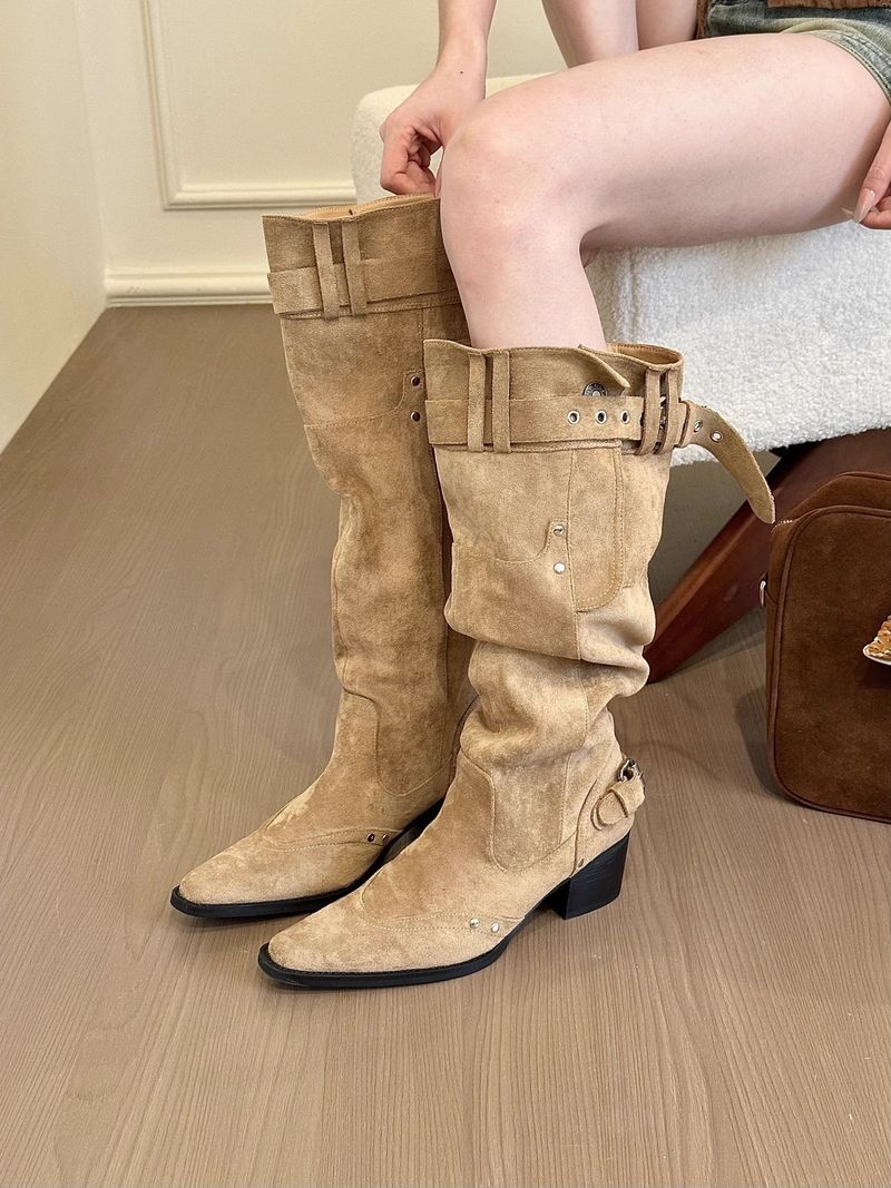 Damen-Ankle-Boots aus Wildleder mit spitzer Zehenpartie, Blockabsatz, schmaler Passform und Faltenrock_voghion.com