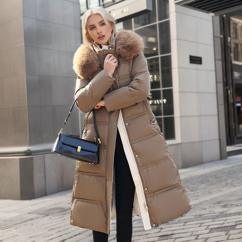 Slim Big Wool Collar Lengthened Clothing Women's Long Knee Belt Cotton Coat_voghion.com