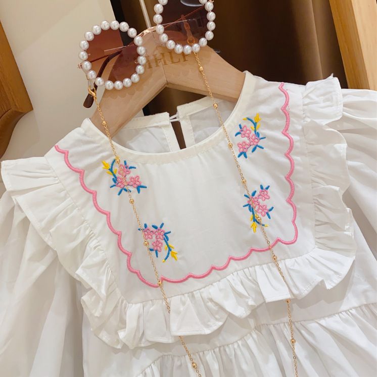 Abbigliamento per bambini Ragazze Colletto in pizzo ricamato Maniche a tromba Maglietta per neonati Jeans con spacchi Set due pezzi_voghion.com
