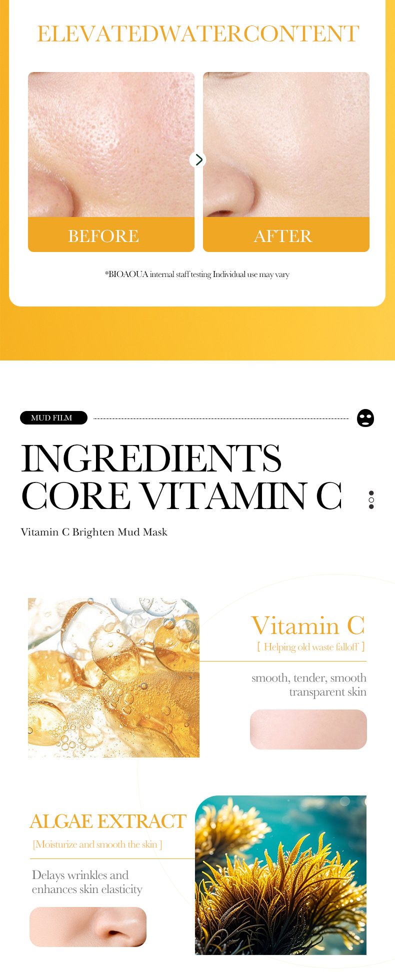 BIOAOUA Masque de boue éclaircissant à la vitamine C 8 g x 10 pièces Masque nettoyant en profondeur pour le contrôle du sébum Masque éclaircissant pour le teint_voghion.com