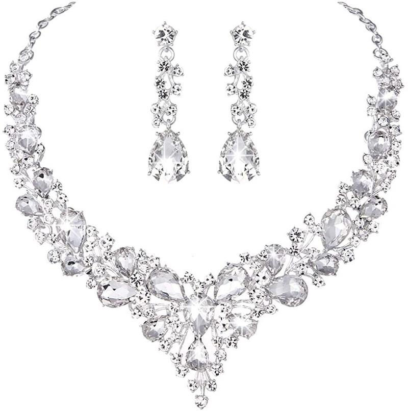 Set di orecchini con collana di cristalli di strass da sposa, accessori per costumi da ballo da donna_voghion.com