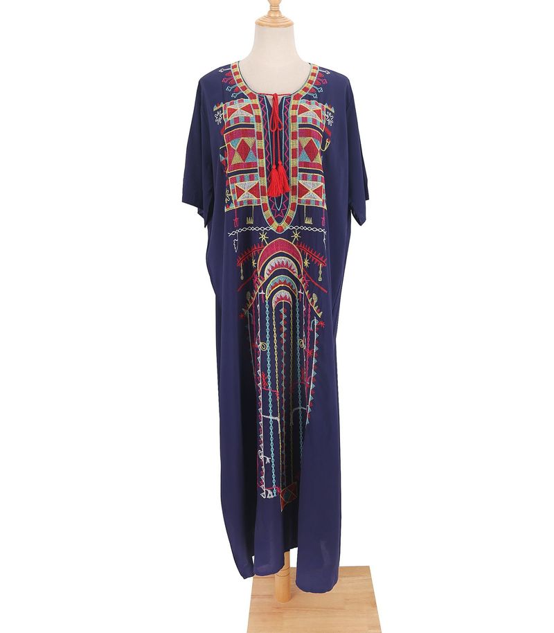 Damenbekleidung, Rayon, besticktes Strandkleid, langes Kleid, Boho-Chic, Sonnenschutz, Bademode, Überzug für Pool, Urlaub, Bikini (Marineblau)_voghion.com