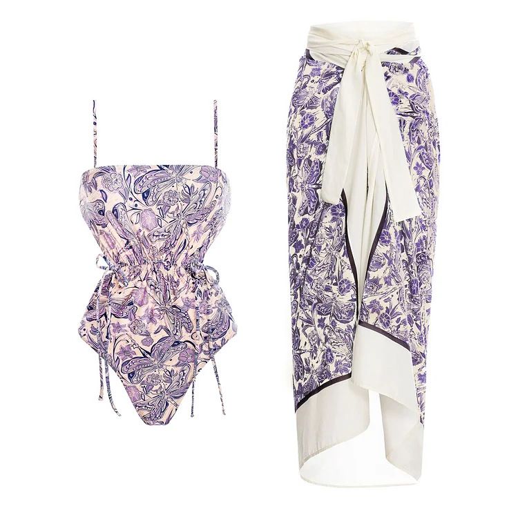 Traje de baño de una pieza con estampado de libélula púrpura hueco con cordón en la cintura de nuevo estilo para mujer y traje de falda cruzada estilo popular_voghion.com