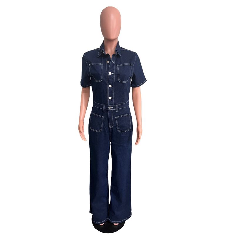 Mono vaquero holgado, elástico, acampanado, lavado, de manga corta, con pantalones de pierna ancha_voghion.com