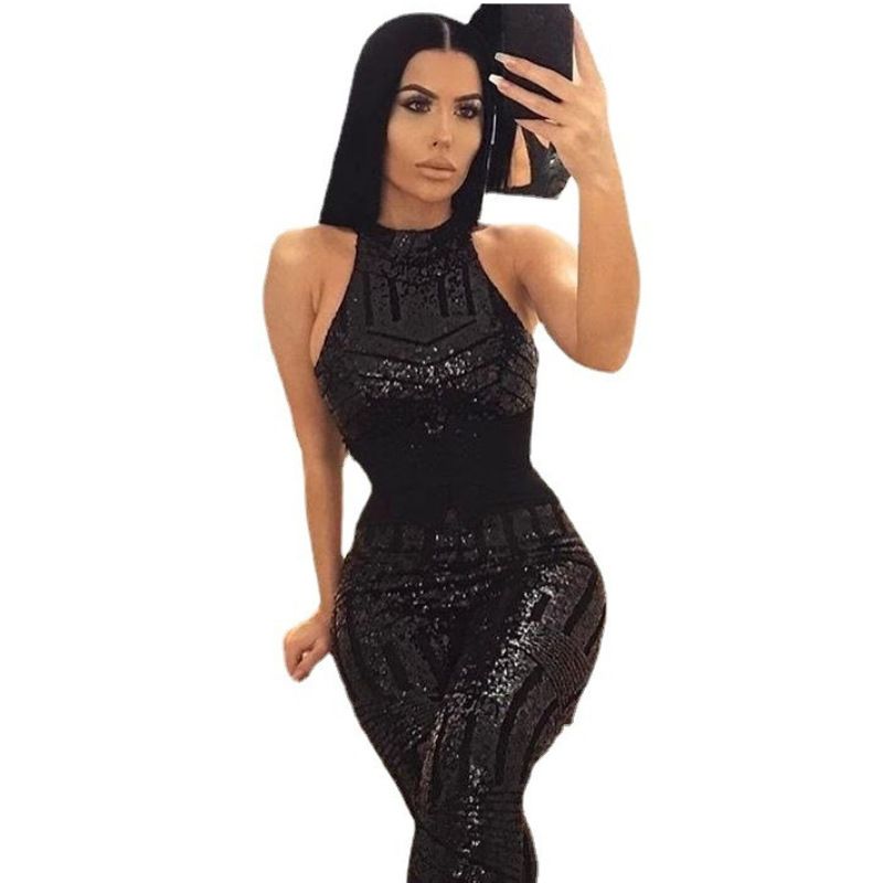 Women's Clothing Round Neck Halter Sleeveless Hip Wrapped Sequined Jumpsuit One Piece Dropshipping_voghion.com