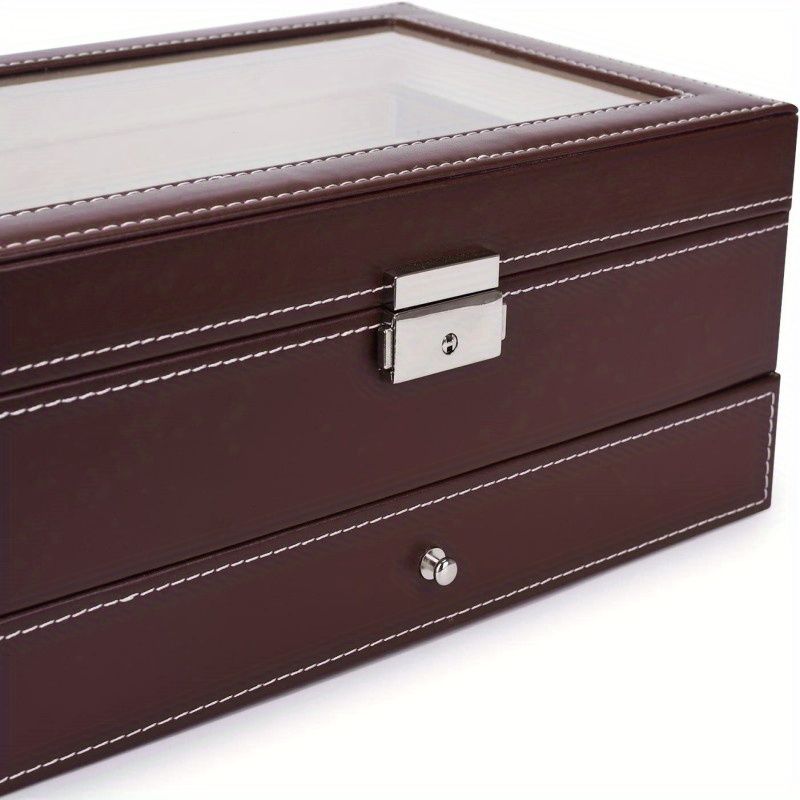Scatola porta orologi con serratura in pelle PU da 12 scomparti, espositore per gioielli da uomo e da donna con cassetto, espositore per occhiali da orologio a 2 strati con coperchio_voghion.com