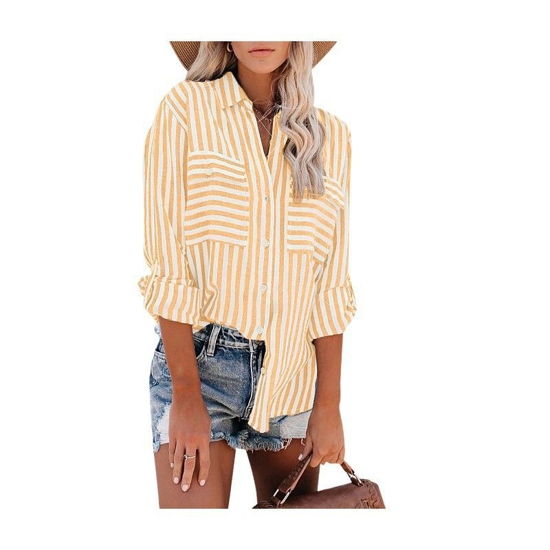 Verve Abbigliamento Donna Primavera Estate 2025 Nuova Camicia a Maniche Lunghe Monopetto a Righe in Cotone e Poliestere per Donna_voghion.com