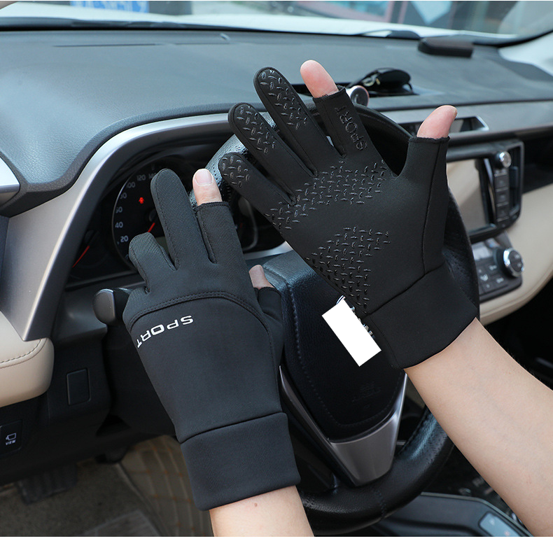 Gloves for men winter winterproof warm with wool thickened waterproof touch screen unilateral cycling exposed 2 fingers_voghion.com
