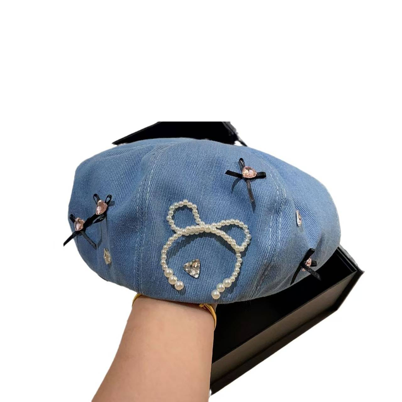 Veelzijdige schattige baret, lente en zomer dunne kleine feeënstrik denim achthoekige hoed_voghion.com