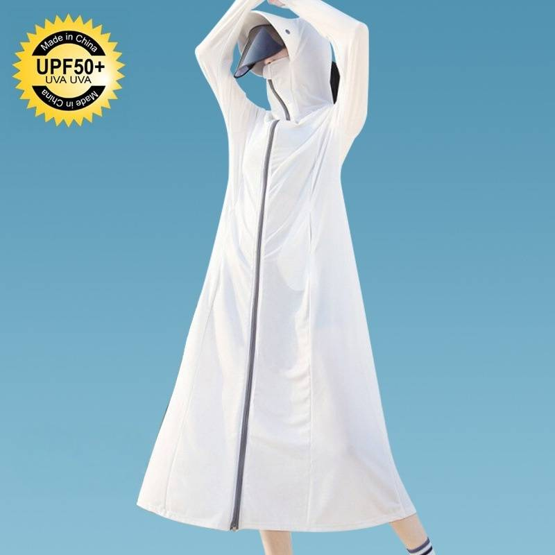 Jaqueta feminina de manga comprida com proteção solar - FPS 50+, comprimento de 120 cm, com tecido de seda gelada (92% viscose + 8% elastano), leve e respirável_voghion.com