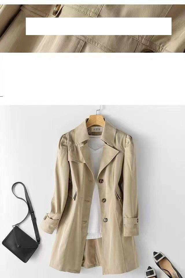 Elegant Mid-Length Trench Coat For Women – Slim Fit, Single-Breasted, Lightweight Cotton, 3D Pattern, Classic Notch Lapel_voghion.com