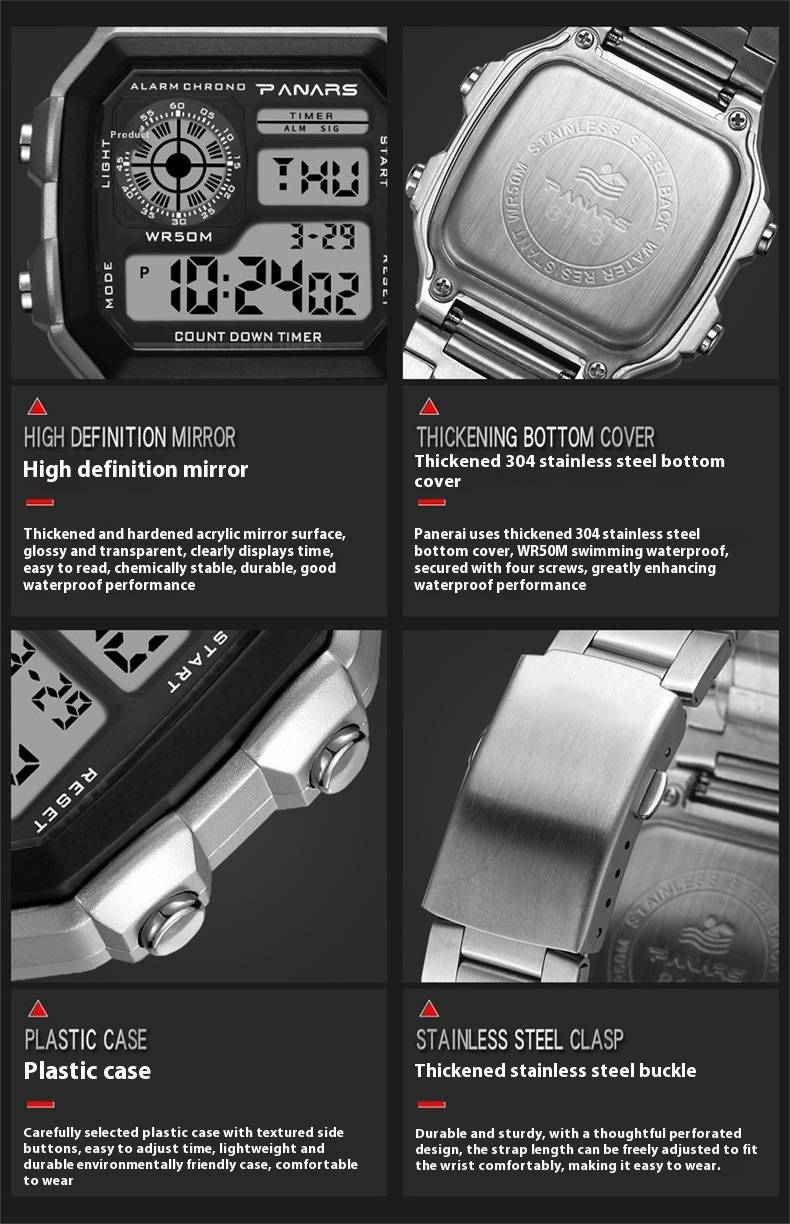 Men's Retro Square Digital Sports Watch With 50m Waterproof, LED Backlight & Stainless Steel Band Square Fashion Electronic Watch Luminous Alloy Watch_voghion.com