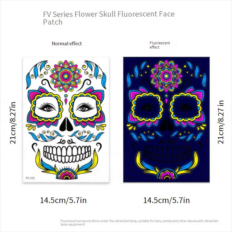 Halloween Temporary Tattoos Stickers - Glow In The Dark Day Of The Dead Face & Body Art For Party, Scary Makeup, Costume Accessories (8-Piece Set)_voghion.com