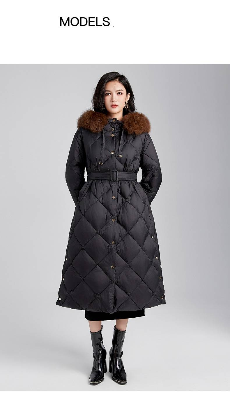 Women's Long Hooded Down Jacket With Fox Fur Trim, Thickened Warm Winter Coat, Windproof Slim Fit Parka, 90% White Duck Down Filling_voghion.com