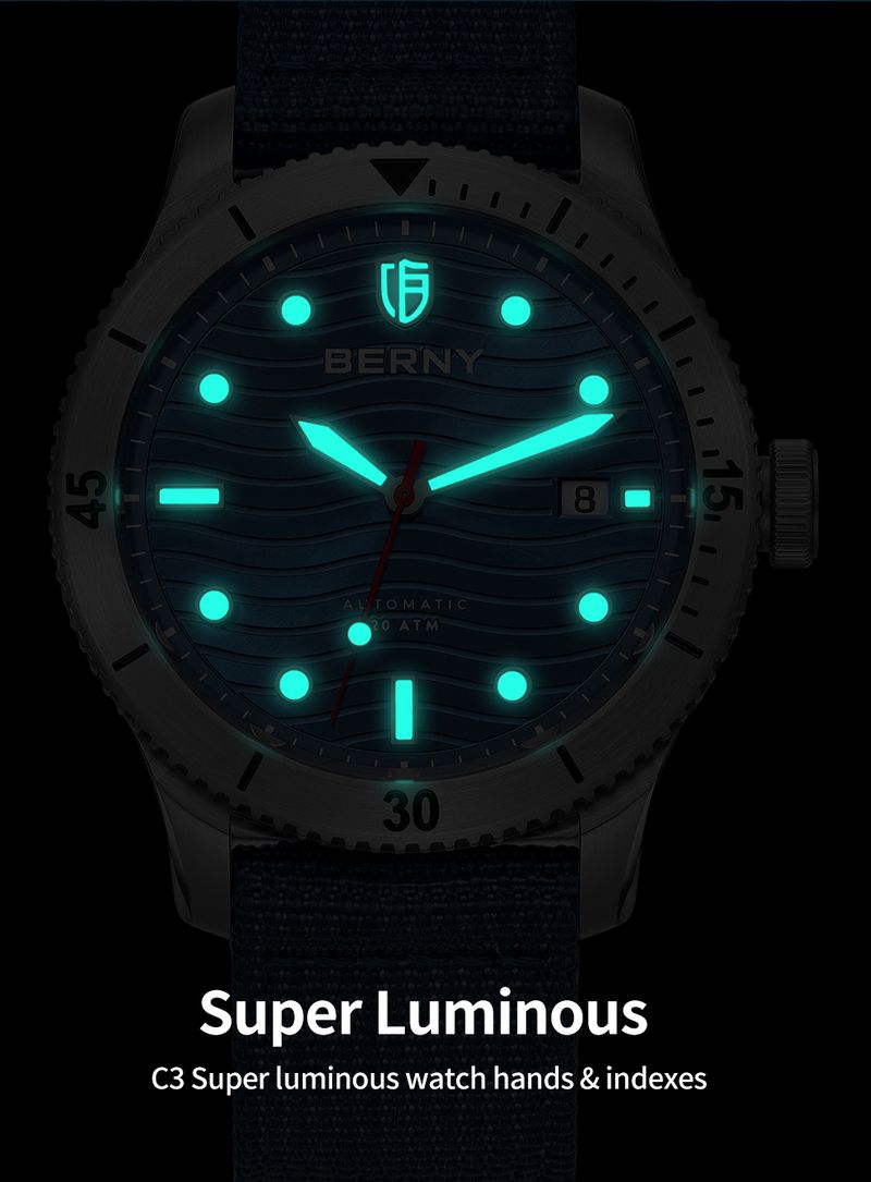 BERNY Automatic Dive Watches For Men 20ATM Waterproof Nylon Strap Analog Mechanical Watch With Date Super Luminous Sapphire Men's Pro Diver Watch_voghion.com