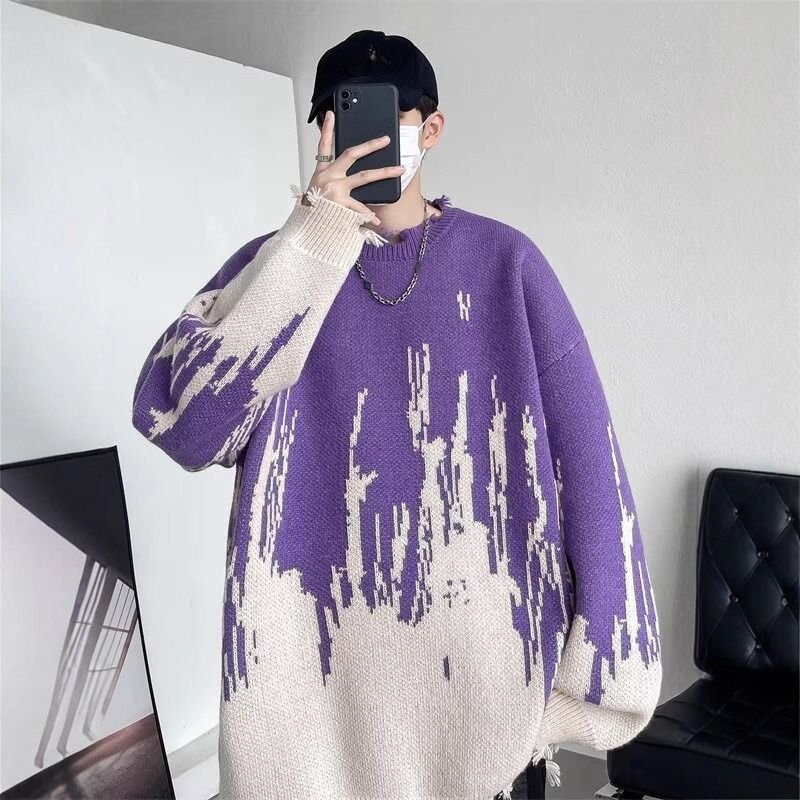 Men's Retro Knit Sweater – Oversized Casual Pullover With Tie-Dye Pattern (M-2XL, Black/Purple)_voghion.com