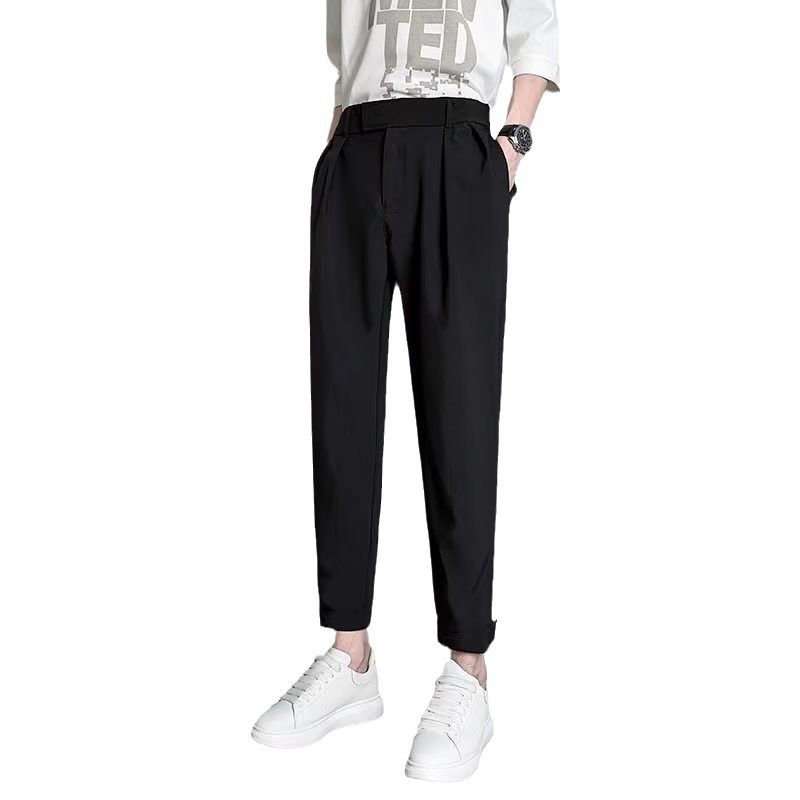 Pendentif sentiment petit pantalon de costume jambe droite pour hommes version coréenne minimaliste coupe slim pantalon de costume haut de gamme avec taille semi-élastique effilée longue_voghion.com