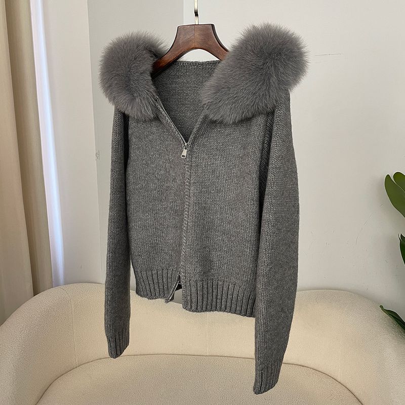 Cardigan oversize con cappuccio in maglia da donna - Morbido misto angora, cerniera frontale, maniche lunghe comode, abbigliamento casual da casa in stile coreano_voghion.com