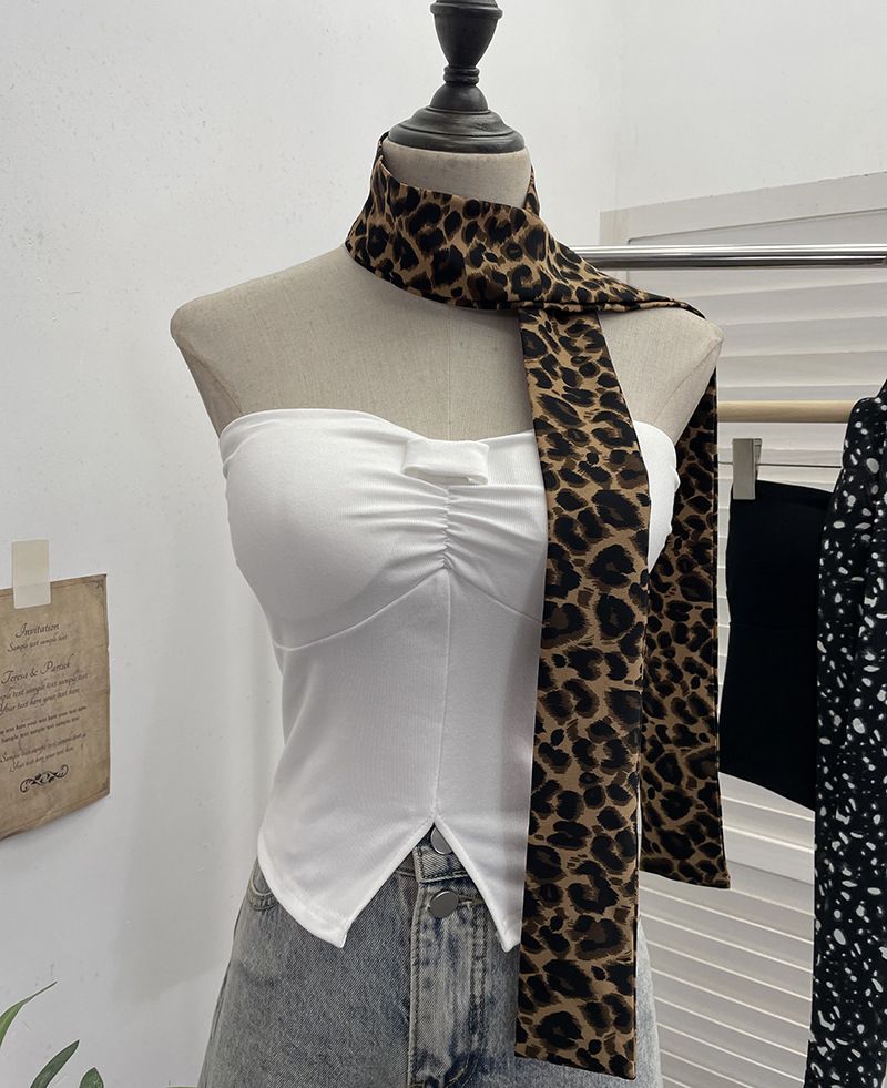 Schal mit Leopardenmuster und hängendem Halsdesign, plissierte trägerlose Weste mit Brustkissen, kurzes ärmelloses Oberteil für Damen 9206_voghion.com
