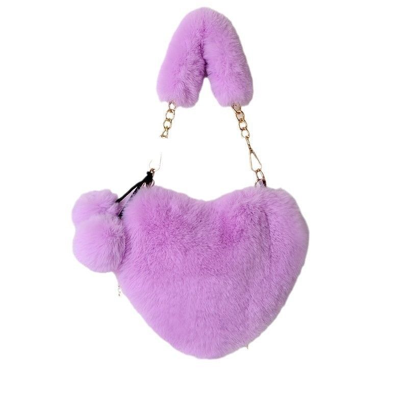 Süße Herzform für Damen, Pelzkettenhandtasche, Pfirsich-Herz-Umhängetasche für Kinder, Plüschtasche_voghion.com