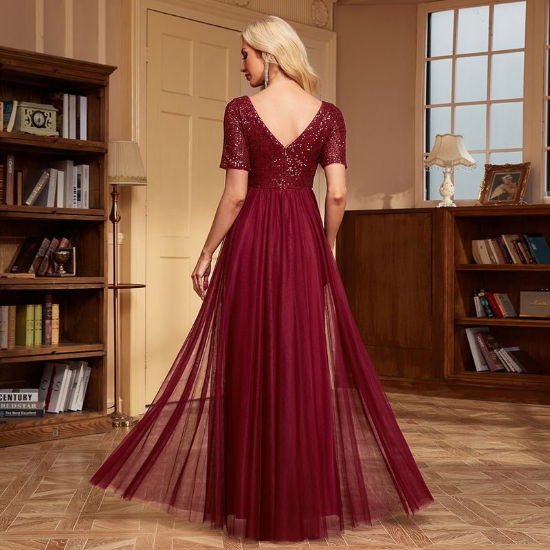 Damenbekleidung Elegantes Kurzarm-Spleißen-Doppel-V-Ausschnitt-A-Linien-Tüll-Abendkleid A-Linien-Paillettenkleid_voghion.com