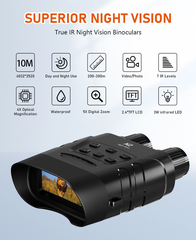 Binóculos Cross-Glass N2 de uso diurno e duplo, com visão noturna HD 1080P e classificação IP66, ideais para ambientes externos._voghion.com