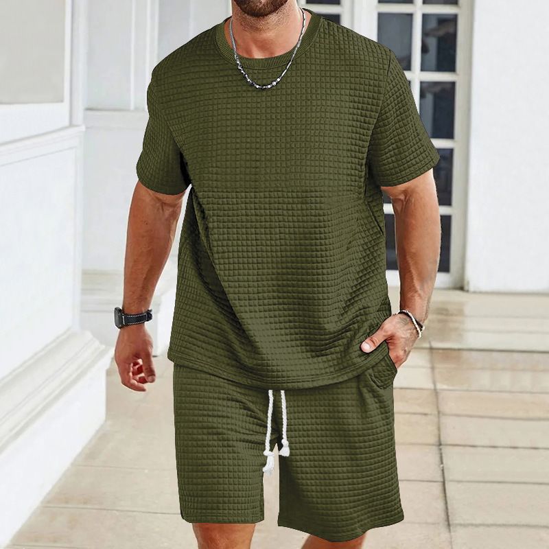 Ensemble 2 pièces pour homme, t-shirt et short à col rond, couleur unie, décontracté et sportif, à la mode, pour l'été_voghion.com