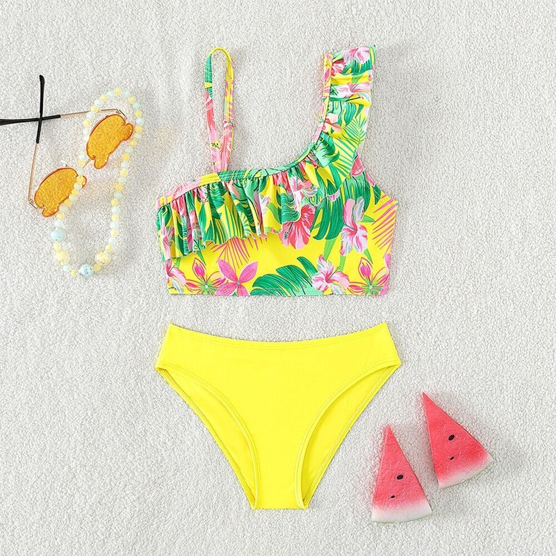 Maillot de bain deux pièces pour enfants Mother&Kids pour filles Maillot de bain pour enfants de taille moyenne et grande avec volants en diagonale aux épaules à la mode d'été_voghion.com