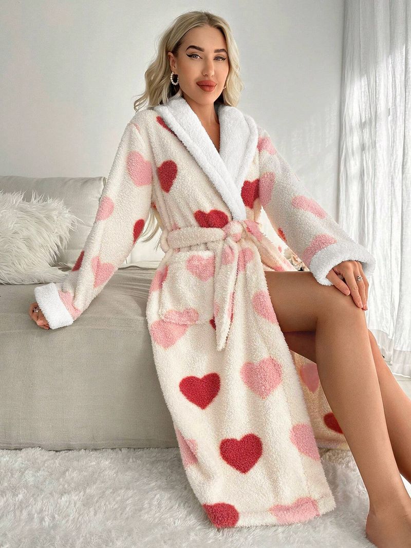 Herfst en winter comfortabele eenvoudige badjas dames pyjama's liefde print loungewear casual nachthemd verdikte bovenkleding_voghion.com