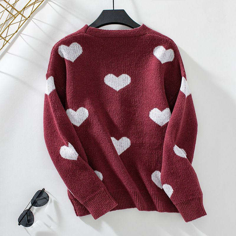 Nieuwe herfst- en wintergebreide V-hals vest met hartjesjacquard voor dames_voghion.com