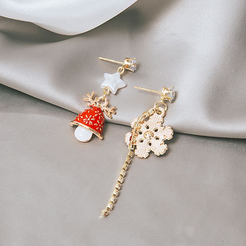 Boucles d'oreilles tendance de Noël 2025 | Pendantes asymétriques en forme de cloche et de flocon de neige | Pompon multicolore en strass | Bijoux de fête | Emballage cadeau_voghion.com