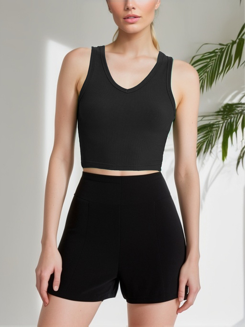 Modisches, geripptes Tanktop aus Baumwolle für Damen, sexy, schmal, mit V-Ausschnitt, ärmellos_voghion.com