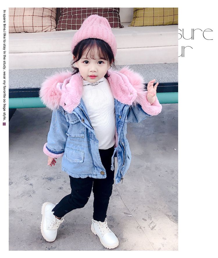 Nuovi vestiti autunnali e invernali per bambine, cappotto spesso in denim e velluto, stile coreano, cappotto in cotone con ampio collo di pelliccia per bambini_voghion.com