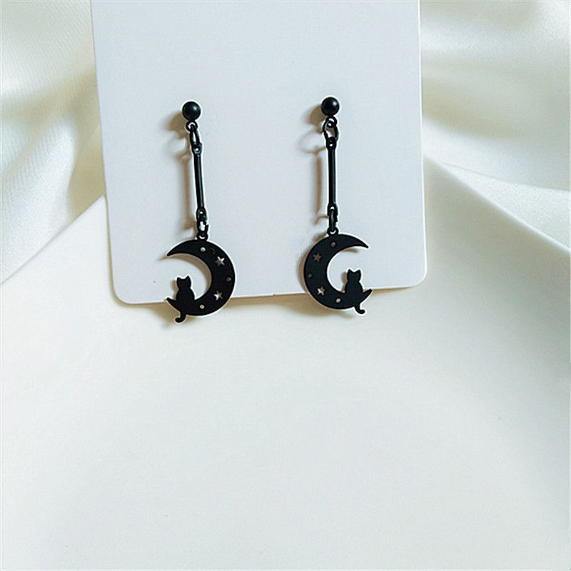 Orecchini lunghi a forma di luna con nappine, orecchini a clip non forati con ago in argento, orecchini a forma di stella e luna, orecchini neri con clip per orecchini_voghion.com