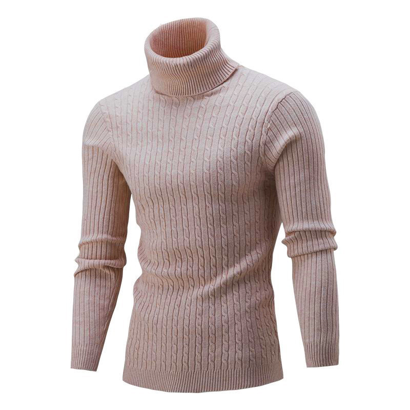 Pull à col roulé uni décontracté à manches longues pour hommes, tricot côtelé, coupe ajustée, pull thermique_voghion.com