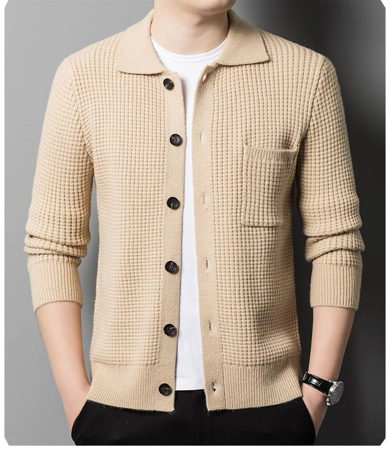 Waffle sweater knitted cardigan men's lapel coat autumn men's fit trendy sweater casual and versatile outer wear_voghion.com