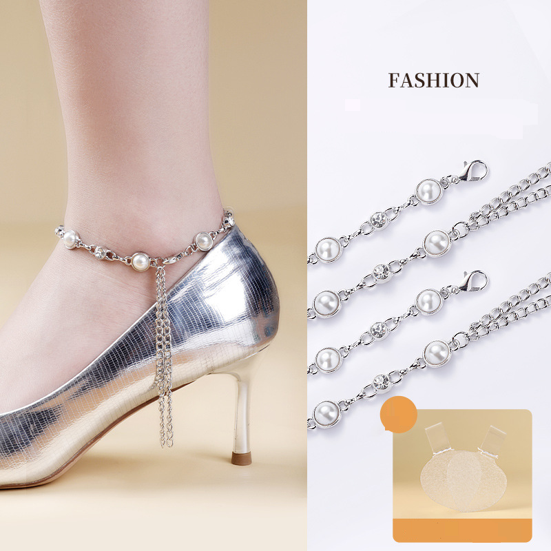 Accessori per scarpe sui nuovi sandali con tacchi alti con lacci di perle e diamanti senza tacco che cadono dal tallone, cinturini regolabili, installazione gratuita_voghion.com