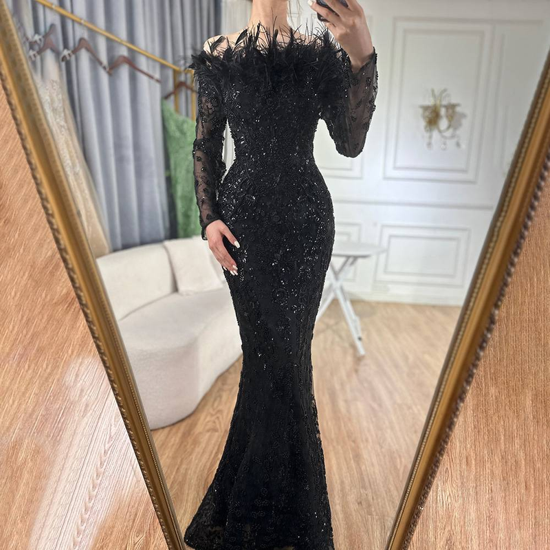 Elegantes schwarzes Abendkleid mit One-Shoulder-Ausschnitt, Feder-Fischschwanz und leichtem Luxus, Abendkleid für Promi-Bankette und Gastgeberinnen_voghion.com