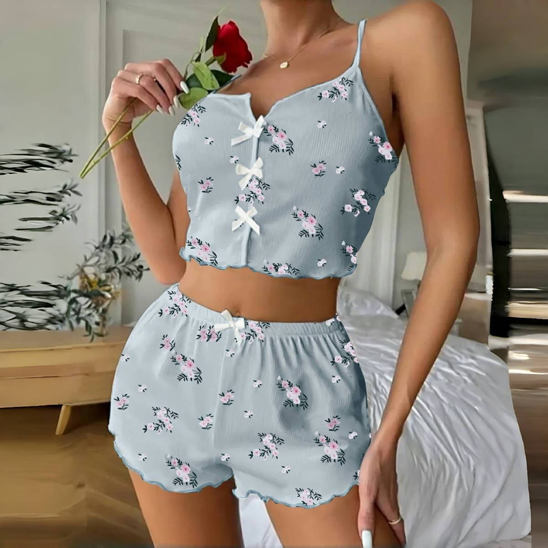 Sweetheart Print Loungewear Set - Sleeveless V-Neck Camisole Pajamas With Bow Detail, Comfortable Polyester Spandex Blend_voghion.com