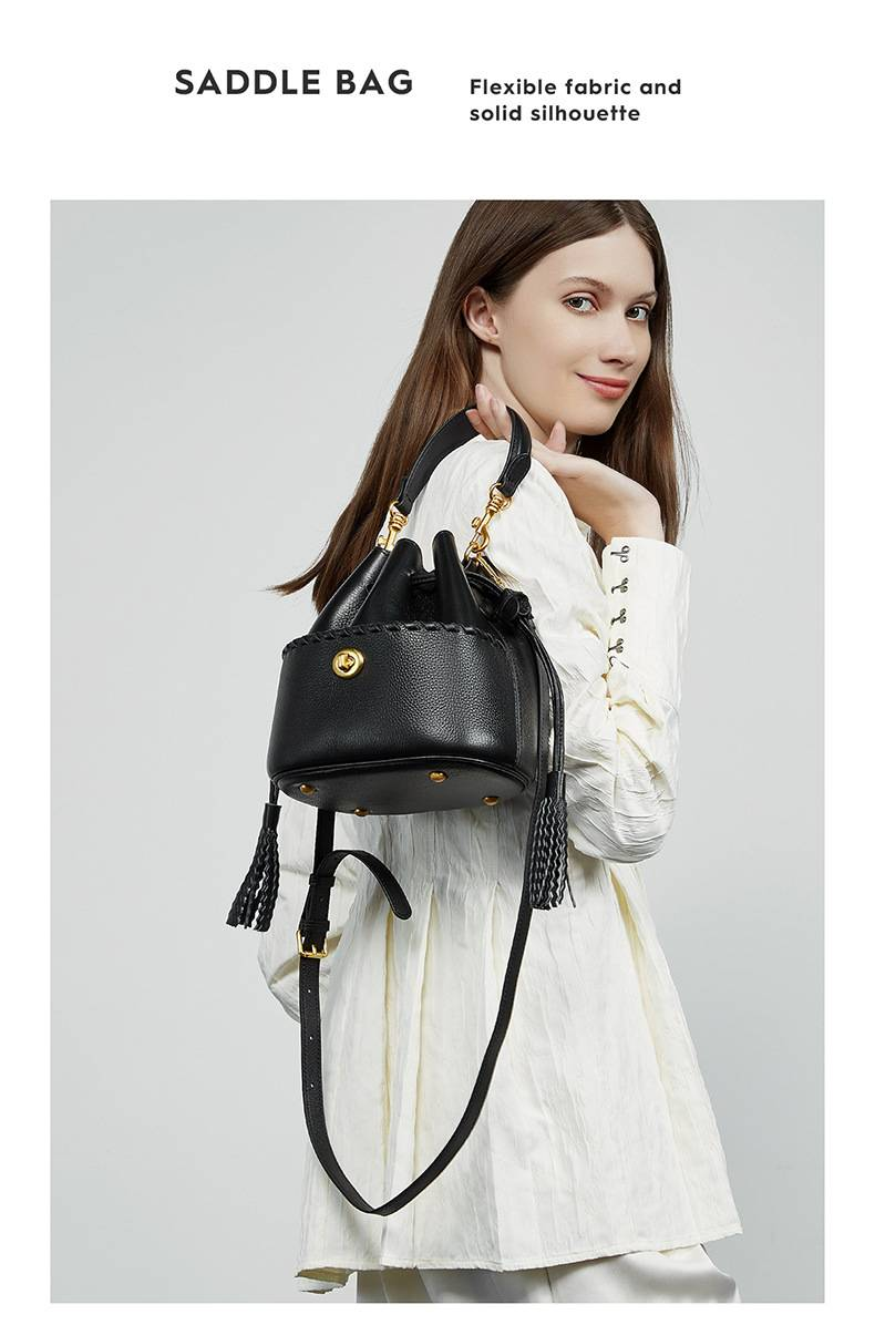 KOSE High-grade First-layer Cowhide Bucket Bag New Genuine Leather Women's Bag Tassel Niche Drawstring Shoulder Messenger Bag_voghion.com