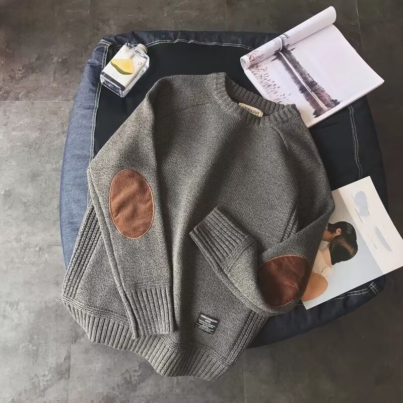 Oversized Retro Knit Sweater For Men - Straight Cut Pullover With Crewneck, Machine Washable Polyester Blend For Casual Wear_voghion.com