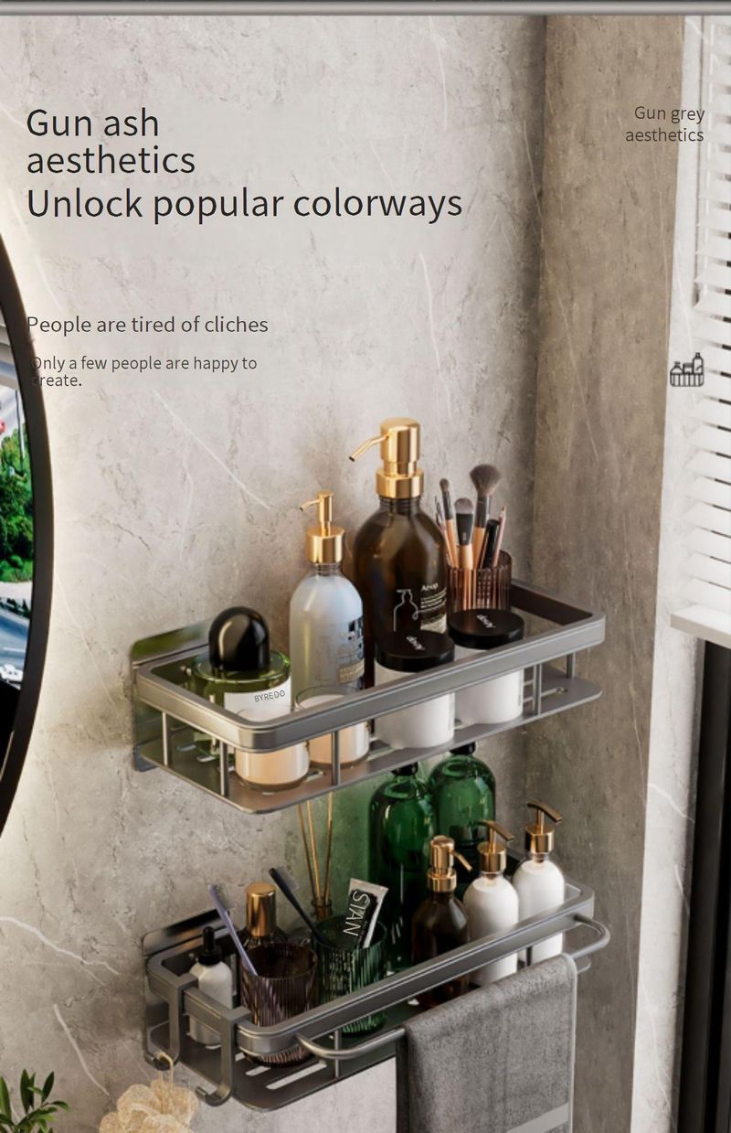 Gunmetal Gray Square Bathroom Wall Shelf – Double Layer No Rod, Heavy-Duty Aluminum, No Drill Bathroom Organizer For Toiletries, Cosmetics_voghion.com